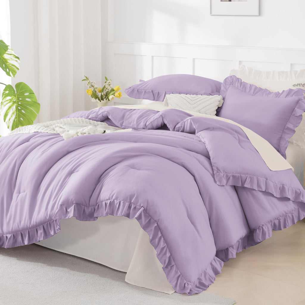 Andency Beige Twin Size Ruffle Comforter, 2 Pieces Farmhouse Shabby Classic Bed Set for Kids, Lighteweight Soft Polyester Bedding Set for Girls(1 Ruffle Comforter and 1 Pillowcase)