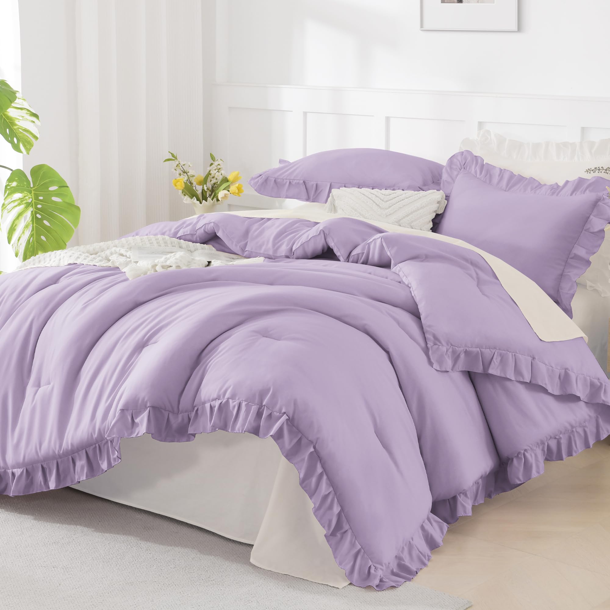 Andency Beige Twin Size Ruffle Comforter, 2 Pieces Farmhouse Shabby Classic Bed Set for Kids, Lighteweight Soft Polyester Bedding Set for Girls(1 Ruffle Comforter and 1 Pillowcase)