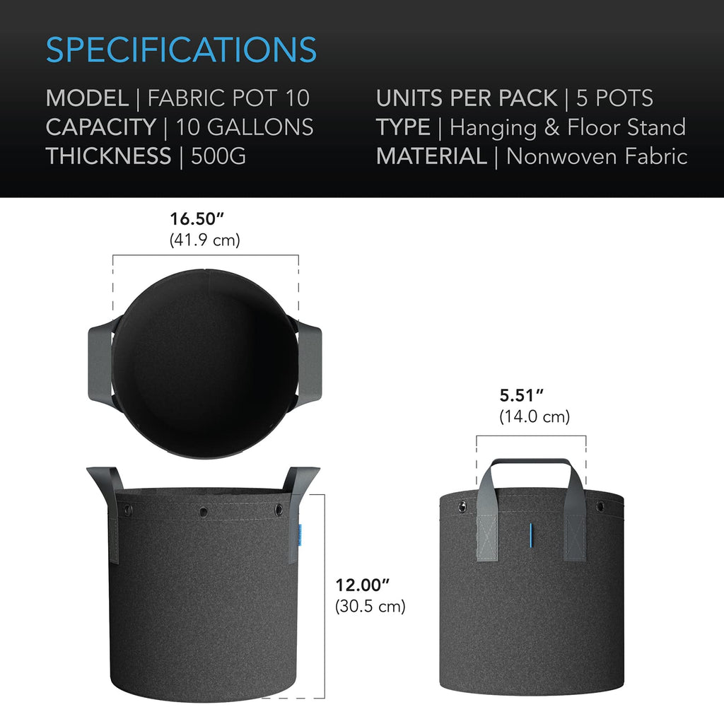 AC Infinity Heavy Duty Fabric Pots, 1 Gallon Aeration Reusable Grow Bags 5-Pack with 500G Thick Nonwoven Fabric and Multi-Purpose Rings, for Low Stress Plant Training Fruits, Vegetables, and Flowers