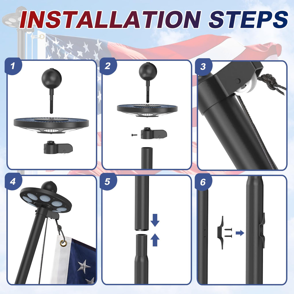 Upgraded 10 Gauge 20FT Heavy Duty Flag Pole Kit with 136 LED Solar Light, Extra Thick Flagpole for Outside House in Ground, Bottom 3 mm Thick & Width 3.35 in, 120MPH Wind Rated