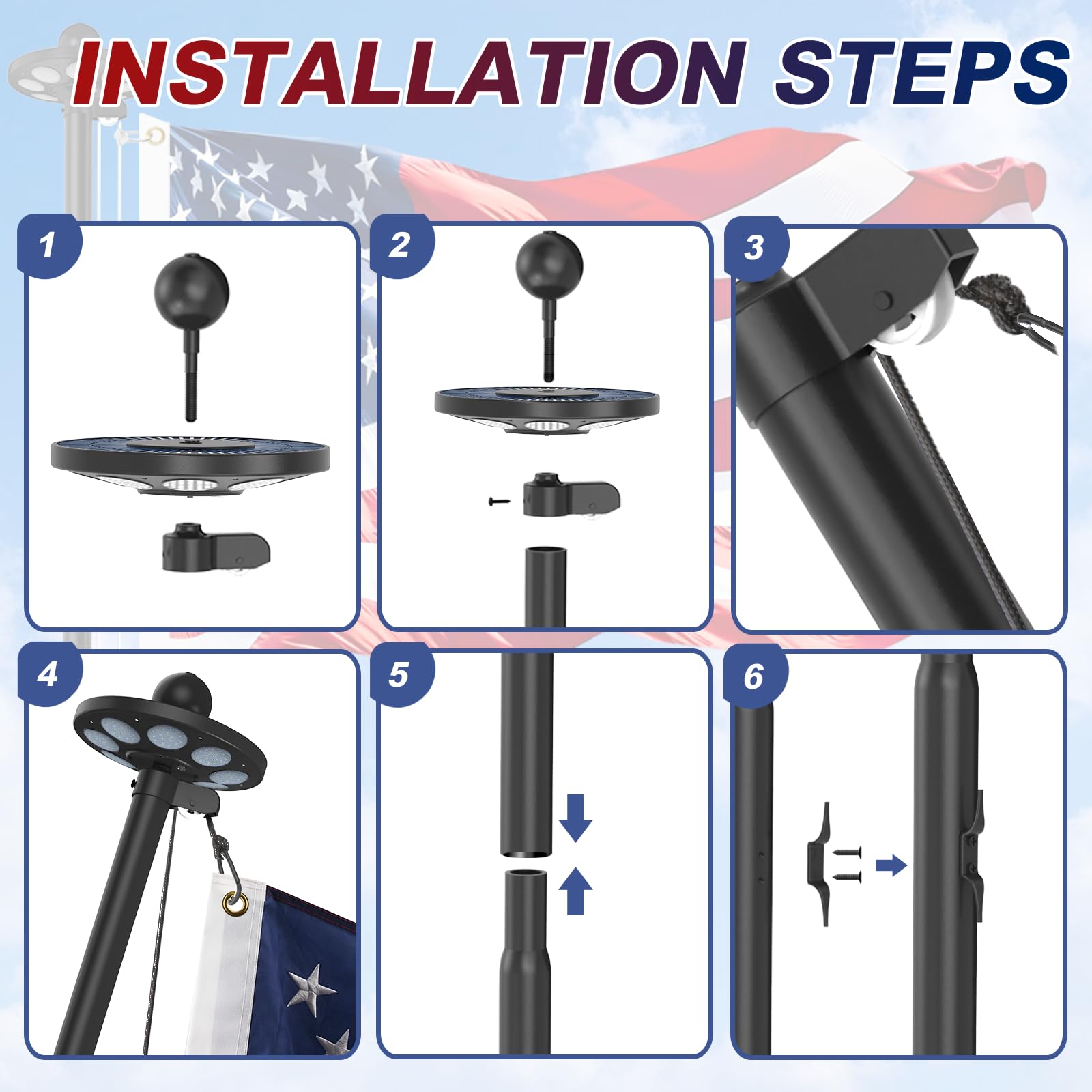 Upgraded 10 Gauge 20FT Heavy Duty Flag Pole Kit with 136 LED Solar Light, Extra Thick Flagpole for Outside House in Ground, Bottom 3 mm Thick & Width 3.35 in, 120MPH Wind Rated