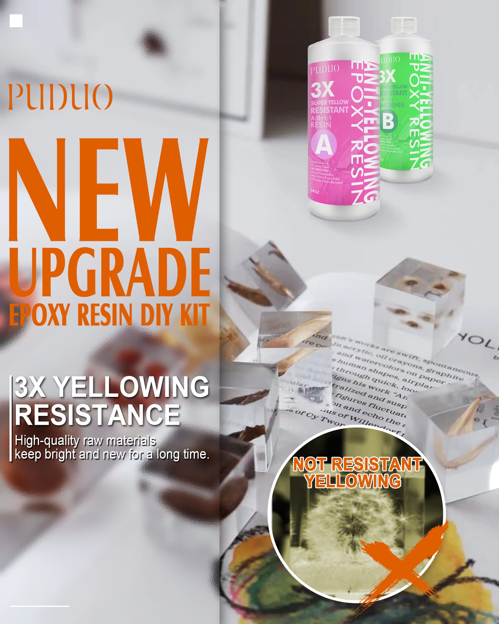 Puduo Epoxy Resin Kit 1.1Gallon，Newly Formulated Crystal Clear Epoxy Resin，Strong, Bubble-Free, Anti-Yellowing Art Resin that，Suitable for Casting, DIY, Resin Art, Molds, Easy to Mix 1:1 Ratio