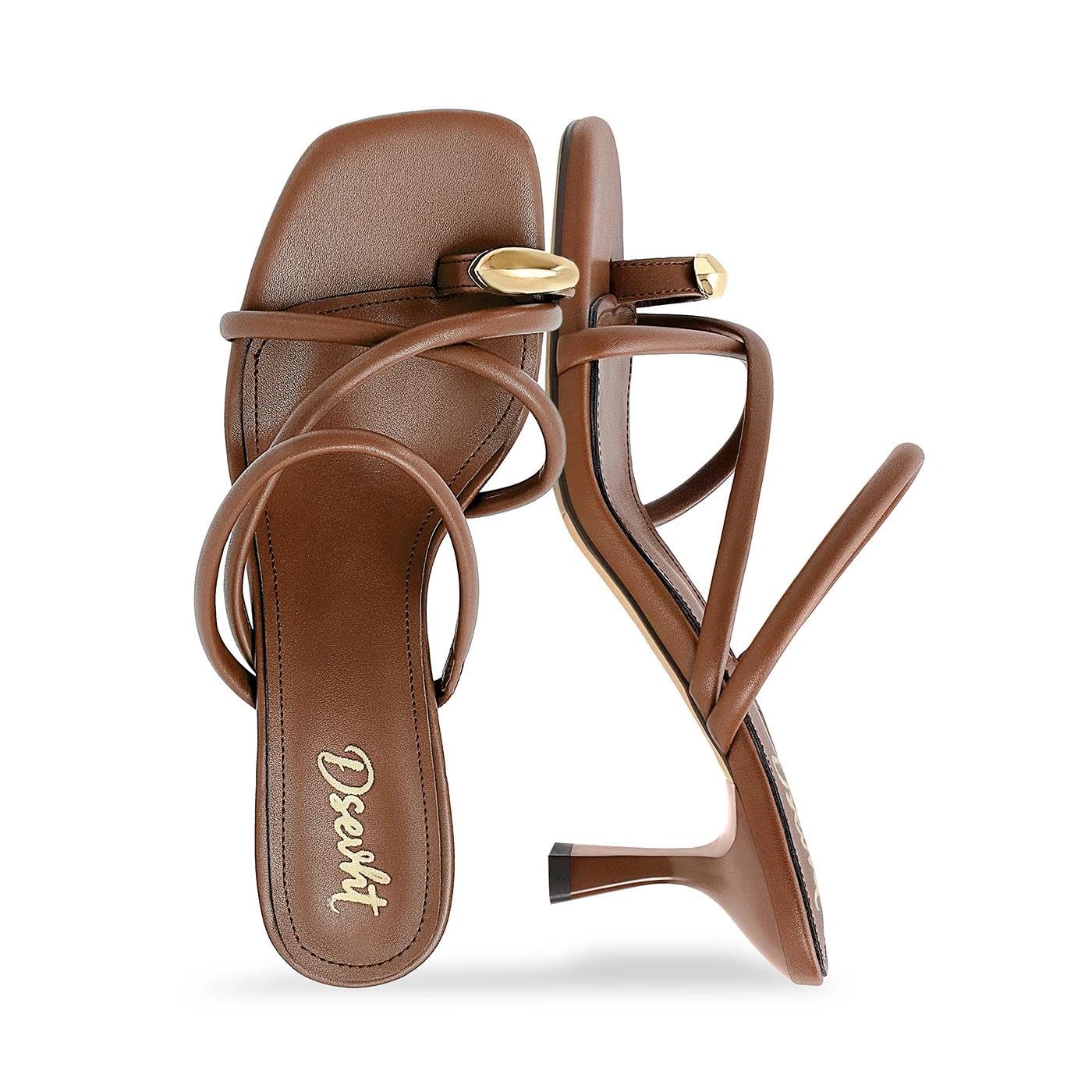 Dsevht Strappy Kitten Heel Sandals Toe Ring Flip Flop Stiletto Low Short Thong Heels Slip On Square Open Toe Summer Dress Shoes for Women
