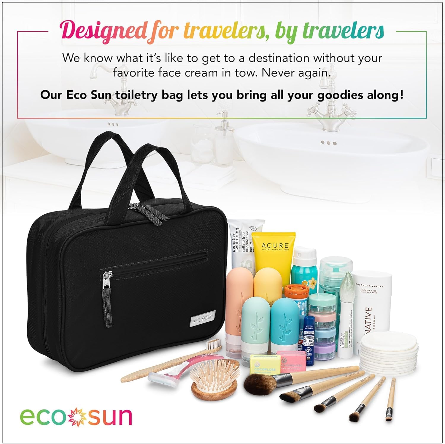 Eco Sun Hanging Travel Toiletry Bag — Designed in Hawaii — Water-resistant Travel Organizer for Bathroom Accessories (Black)
