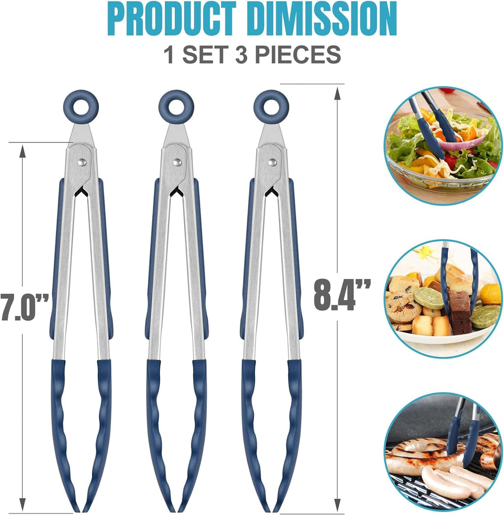 Hotec Mini Silicone Kitchen Tongs for Cooking - 7-Inch Small Serving Tongs with Silicone Tips, Set of 3 (Black)