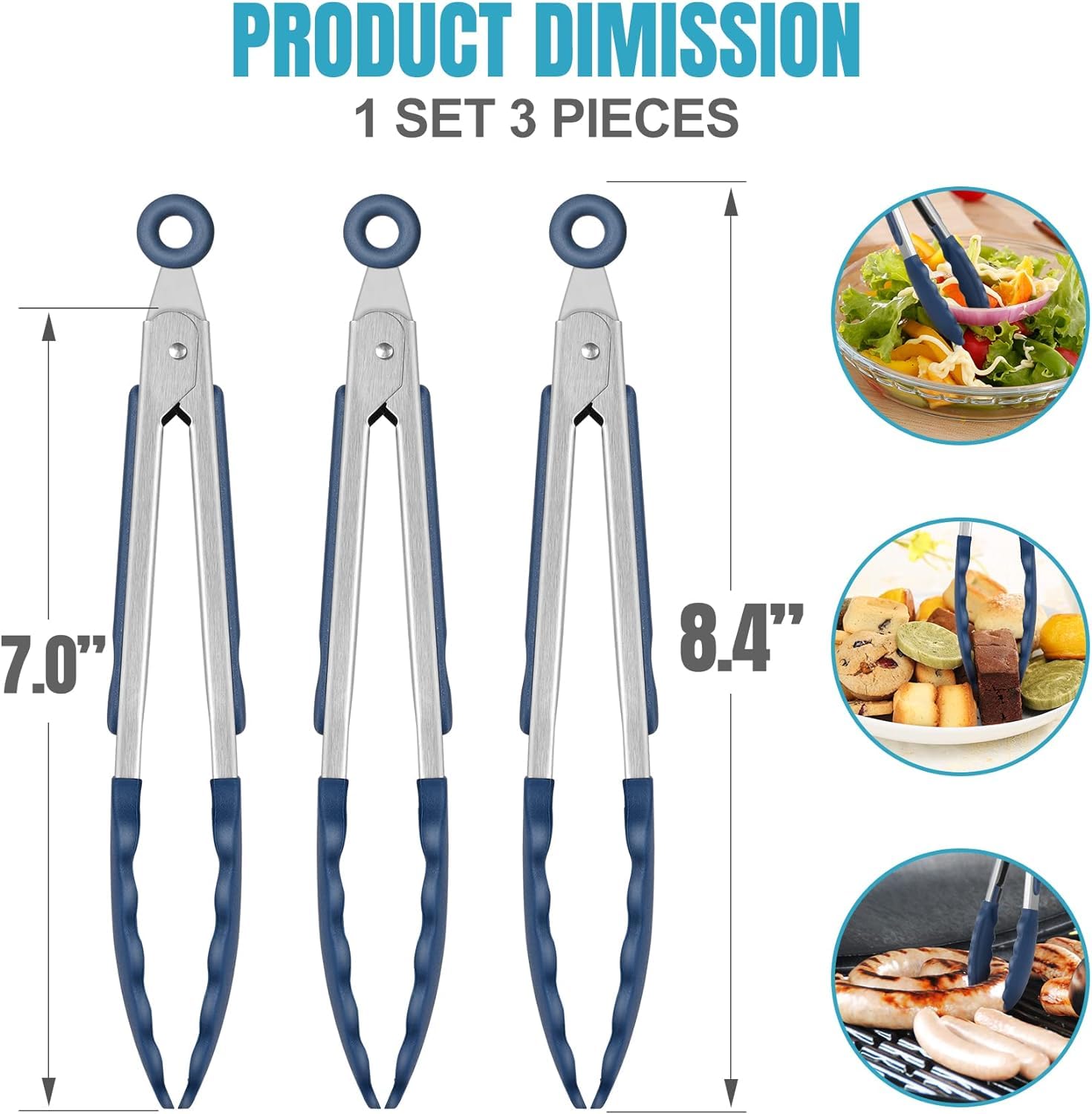 Hotec Mini Silicone Kitchen Tongs for Cooking - 7-Inch Small Serving Tongs with Silicone Tips, Set of 3 (Black)