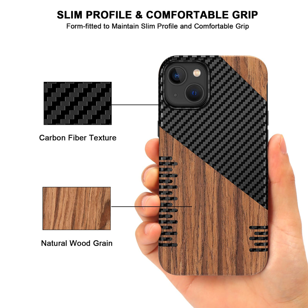 TENDLIN Compatible with iPhone 15 Case Wood Grain with Carbon Fiber Texture Design Leather Hybrid Slim Case (Black)