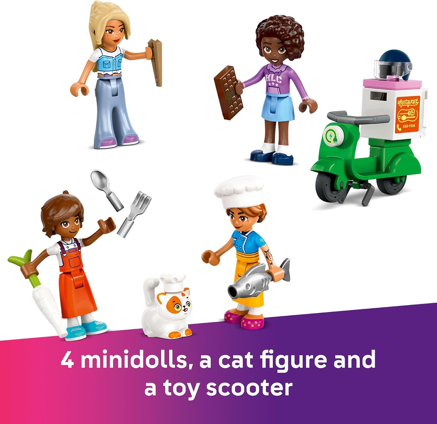 LEGO Friends Restaurant and Cooking School Toy Building Set - Restaurant Pretend Play Set for Kids, Girls and Boys, Ages 8+ - with 4 Minidolls, Cat Figure, and Scooter - Gift Idea for Birthday - 42655
