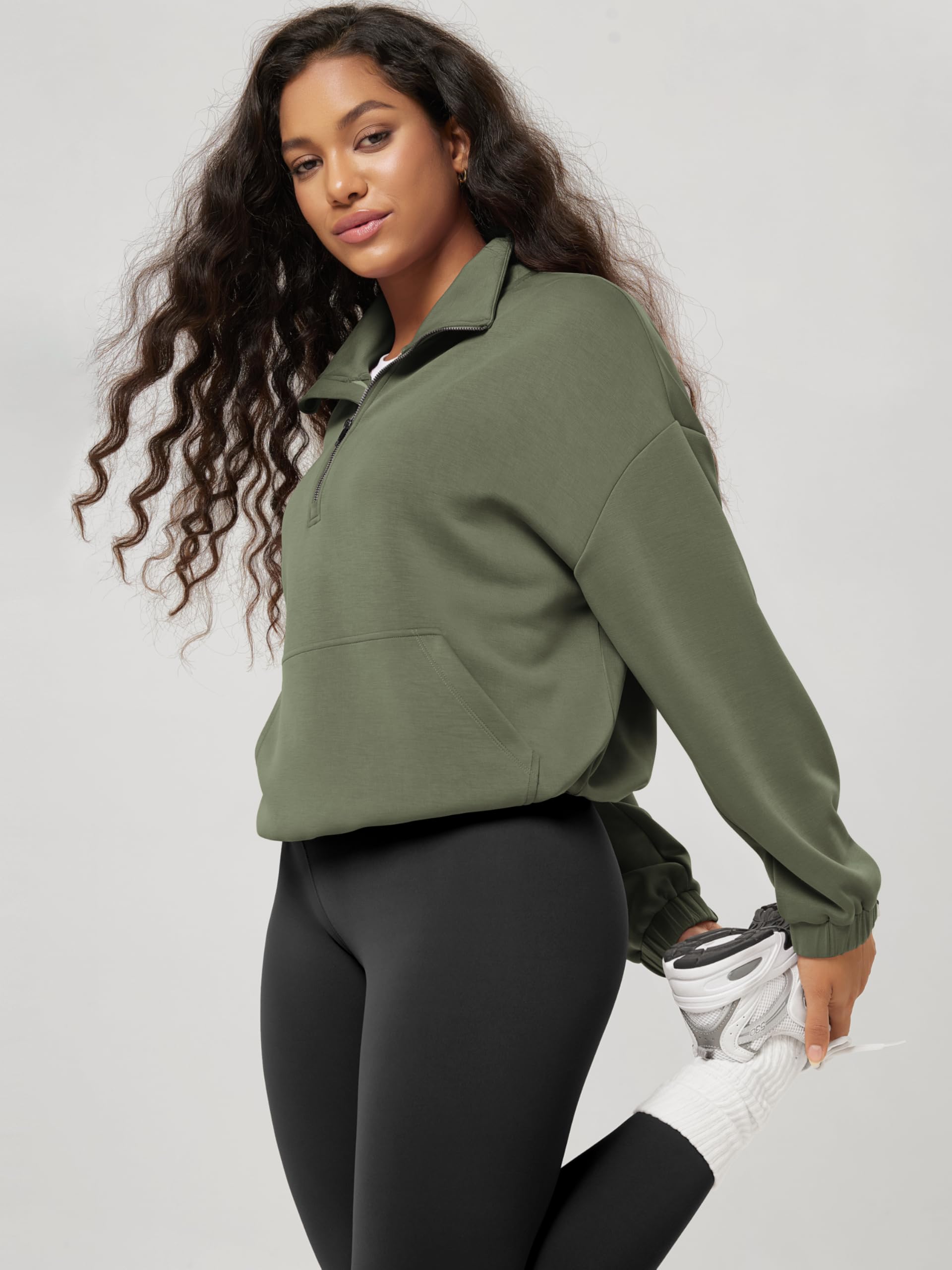 ODODOS Women's Modal Soft Cinchable Sweatshirts Half Zipper Funnel Neck Oversize Pullover with Pockets