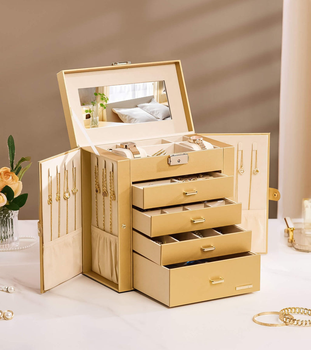 Homde Mothers Day Gifts Synthetic Leather Huge Jewelry Box Mirrored Watch Organizer Necklace Ring Earring Storage Lockable Gift Case (Black + Gold)