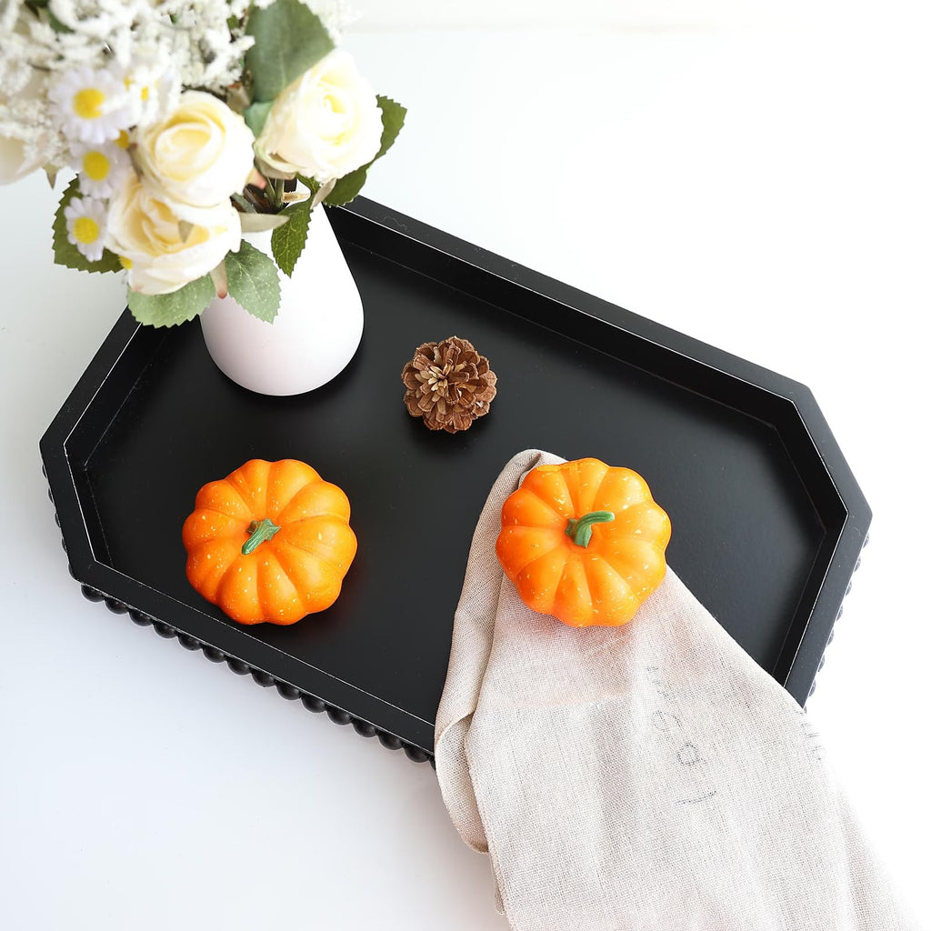 Hrastany Wood Rustic Serving Tray with Beads, Farmhouse Black Decorative Tray for Table Centerpiece, Christmas Wedding Halloween Home Decor