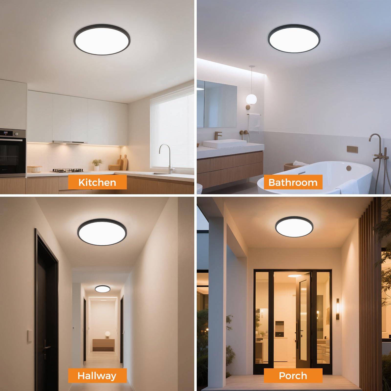 1PACK LED Flush Mount Ceiling Light Fixture, 3000K-4000K-6500K & 100W Equivalent Modern Kitchen Ceiling Lamp 15W 1500Lm 7.5 Inch Closet Round Surface for Bathroom Laundry Bedroom Hallway, Black