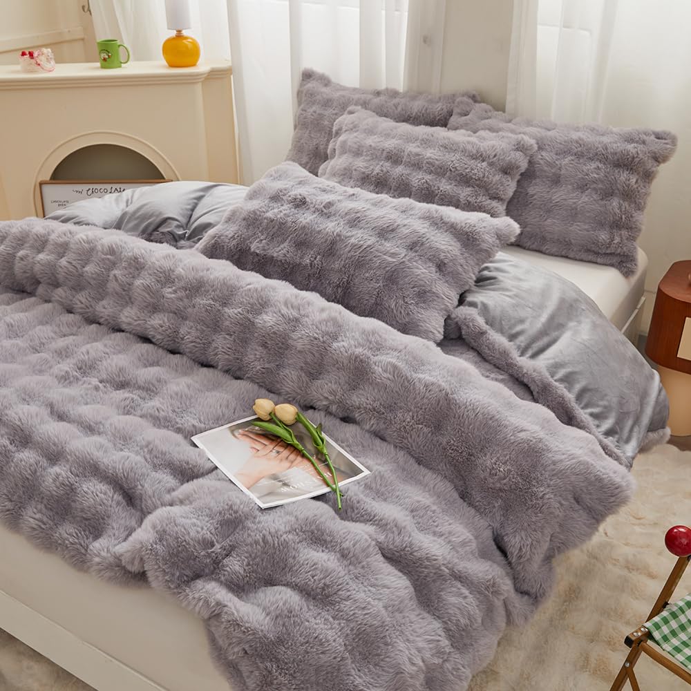 Faux Fur Kids Girls Purple Rainbow Comforter Sets Twin/Full - 3PC Bed Set Warm Comfortable Soft Plush Flannel Velvet Fluffy Fuzzy Bedding（Comforter x 1 Pillowcases x 2）