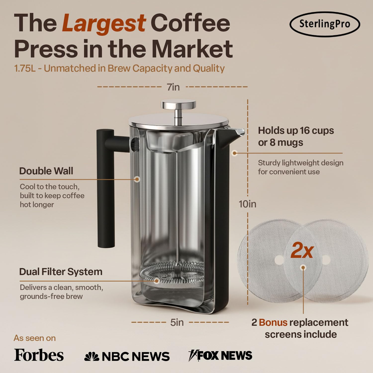 SterlingPro Stainless Steel French Press Coffee Maker 1 L (34 oz) Black – Double Walled Insulated Large Coffee Press, Durable Design Keeps Drinks Hot, Easy to Use and Clean for Rich Flavor Brewing