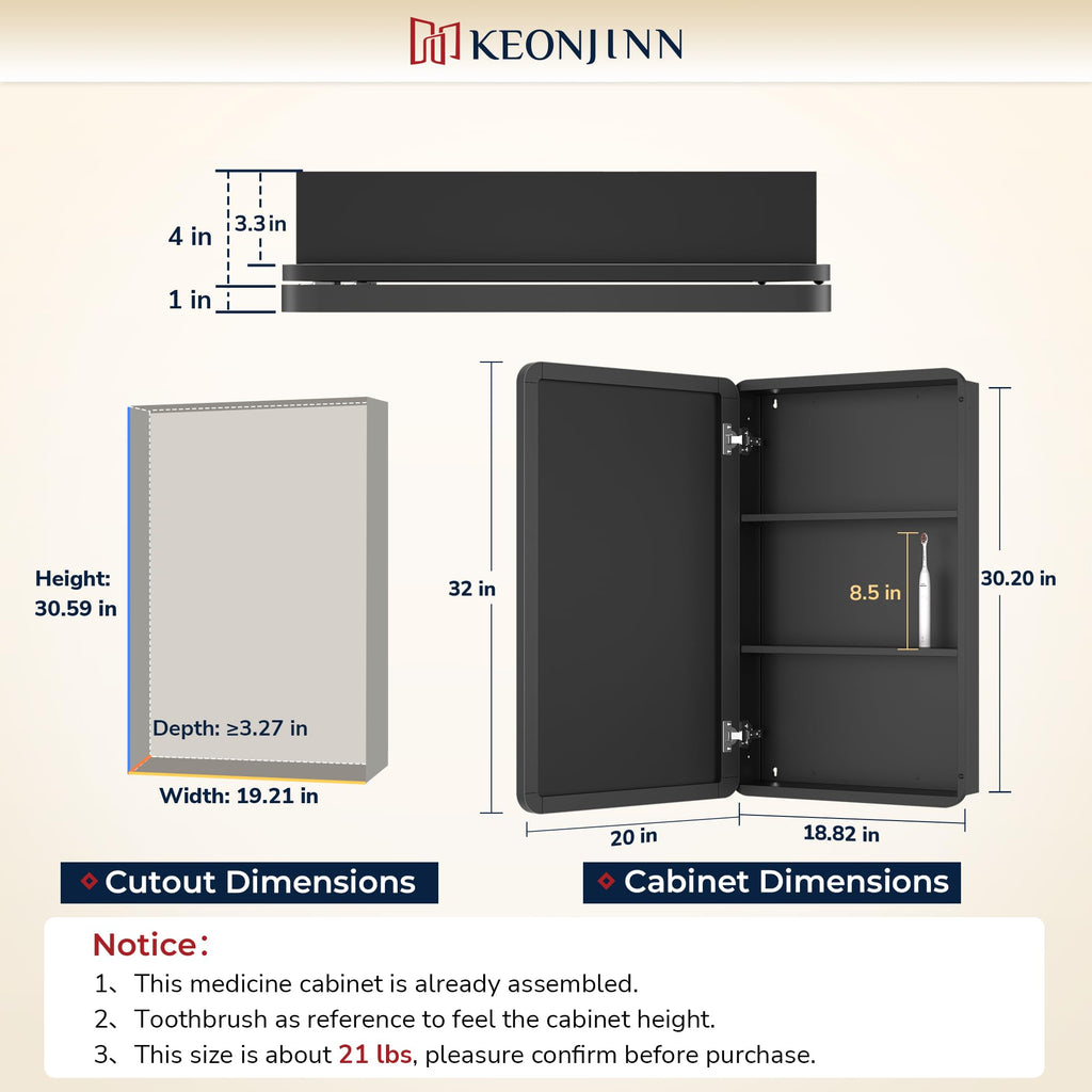 Keonjinn 15 x 36 Inch Black Slim Medicine Cabinets, Narrow Bathroom Side Medicine Cabinet with Mirror, Stainless Steel Framed, Adjustable Shelves, Recessed or Wall Mount, Modern Farmhouse
