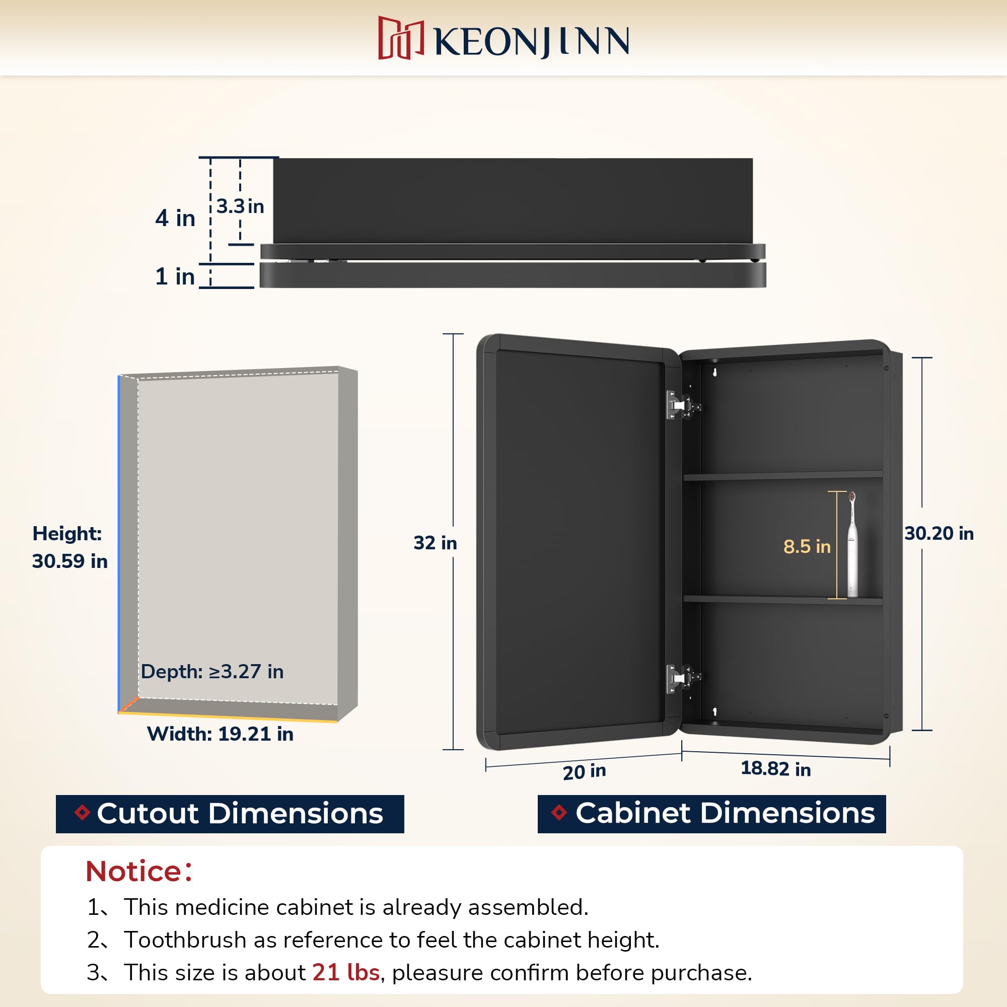 Keonjinn 15 x 36 Inch Black Slim Medicine Cabinets, Narrow Bathroom Side Medicine Cabinet with Mirror, Stainless Steel Framed, Adjustable Shelves, Recessed or Wall Mount, Modern Farmhouse