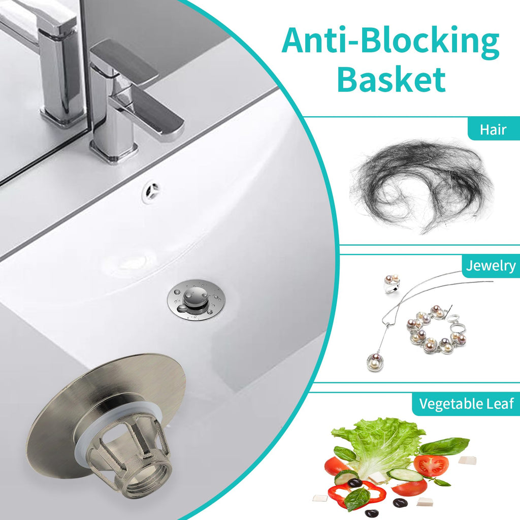 Universal Bathroom Sink Stopper with Hair Catcher, for 1.04-1.97 Inch Drain Hole, Spring Core Bathtub Drain Cover, Pop Up Sink Plug Basin Drain Strainer, Large Lid Black