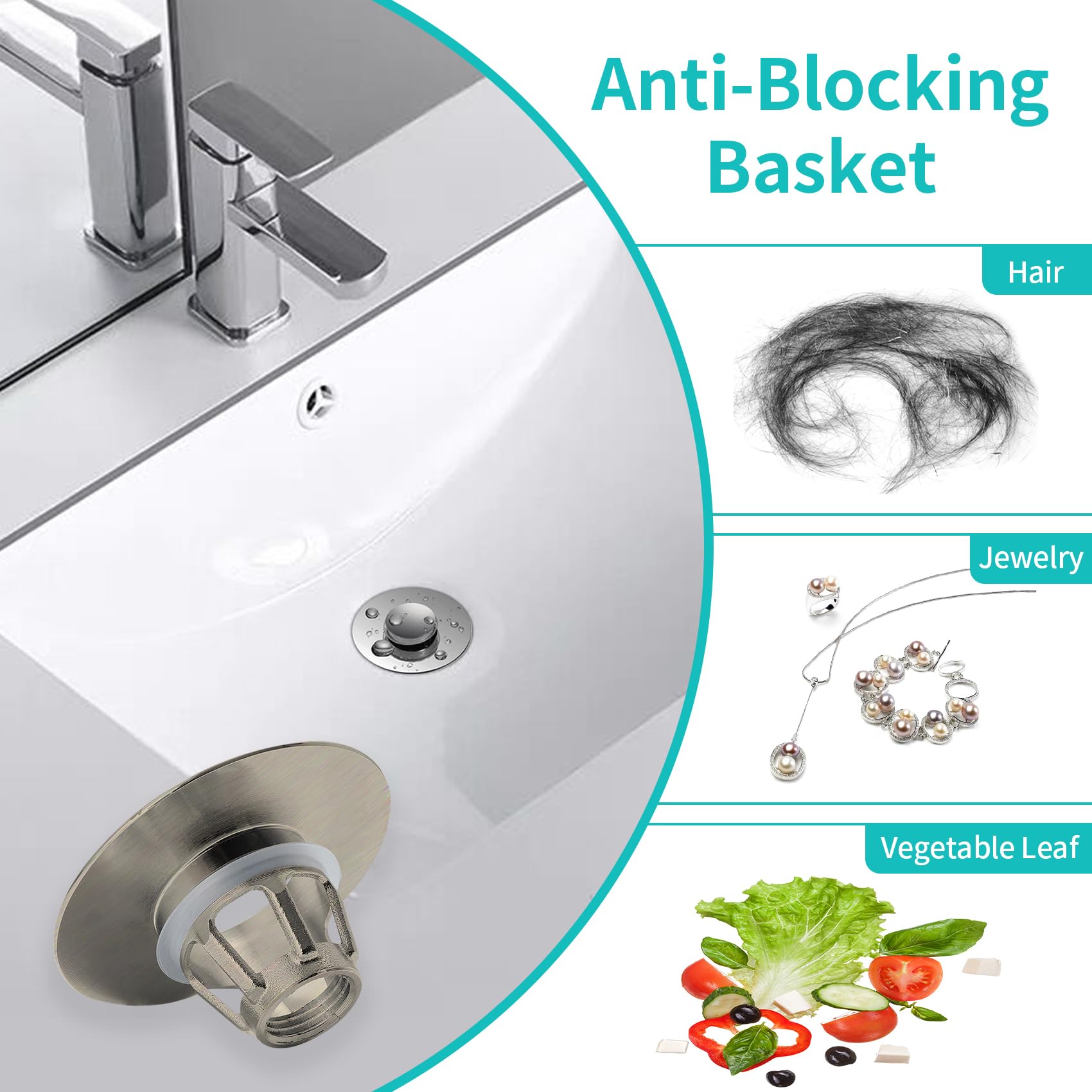 Universal Bathroom Sink Stopper with Hair Catcher, for 1.04-1.97 Inch Drain Hole, Spring Core Bathtub Drain Cover, Pop Up Sink Plug Basin Drain Strainer, Large Lid Black