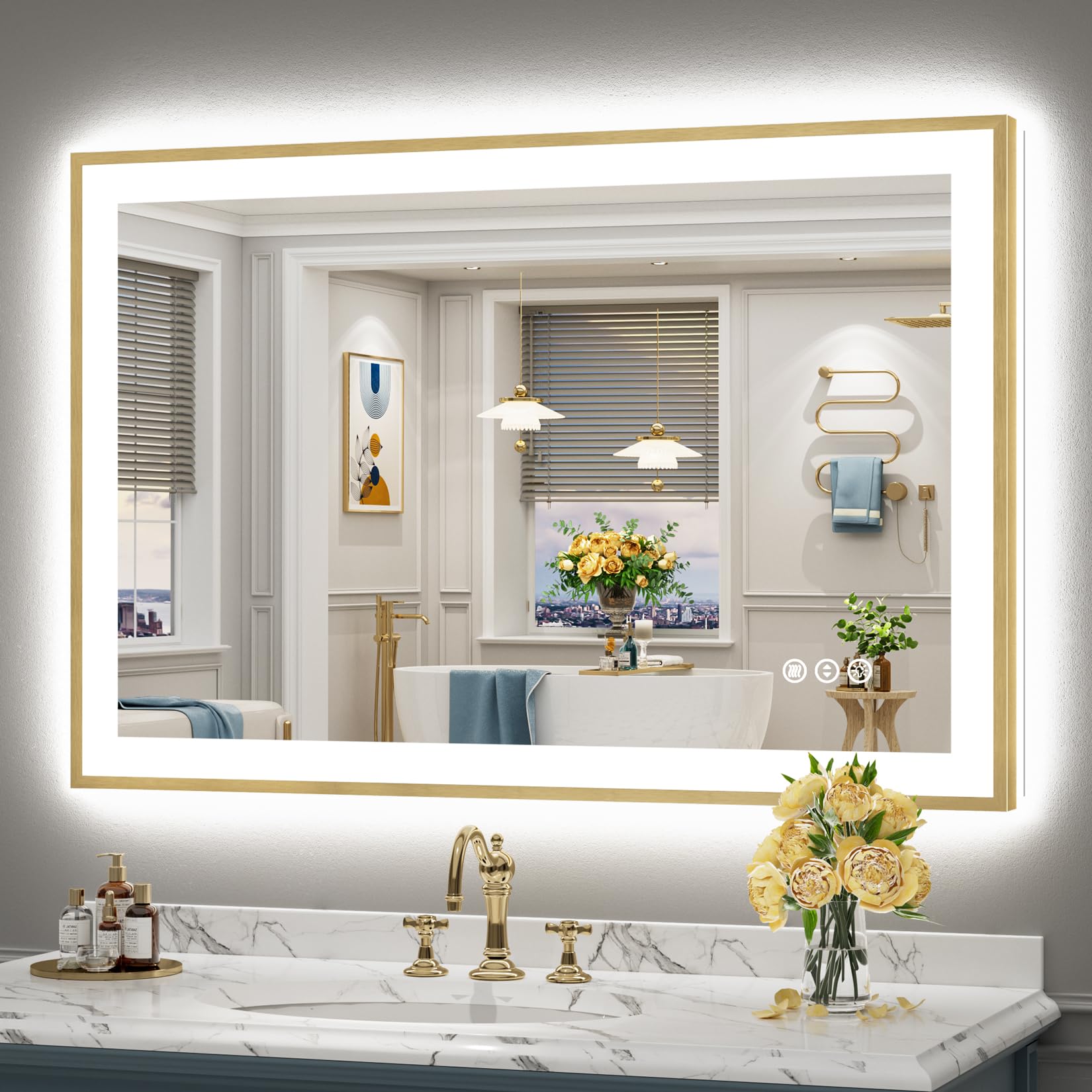24x36 Gold Beveled LED Bathroom Mirror with Lights, Brushed Gold Framed Backlit and Front Lit Anti-Fog Lighted Vanity Mirrors for Bathroom Wall, Dimmable, 3 Colors, Memory, HD Tempered Glass