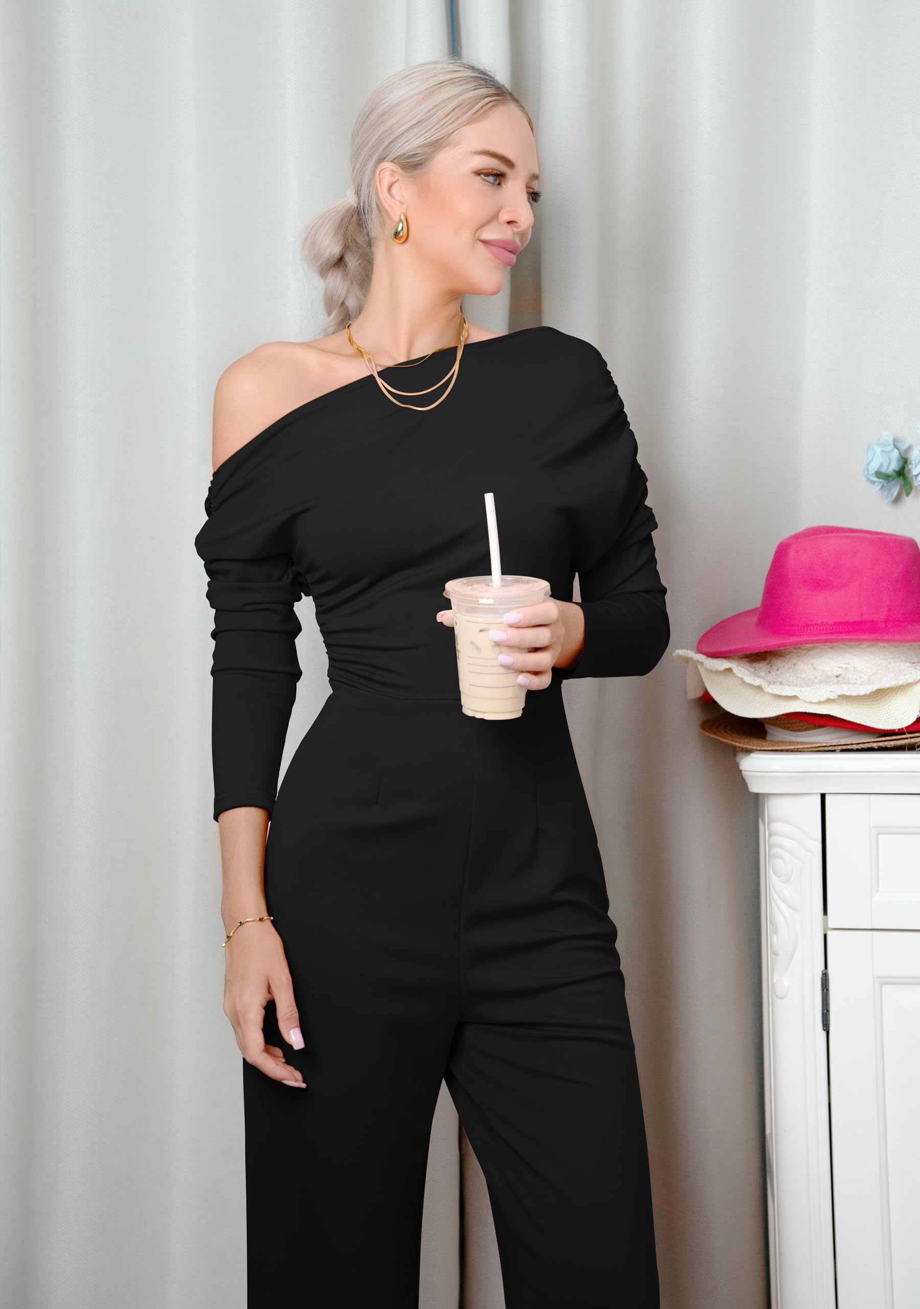 YMDUCH Women's Fall Elegant Long Sleeve Off Shoulder Wide Leg Long Pant Jumpsuits