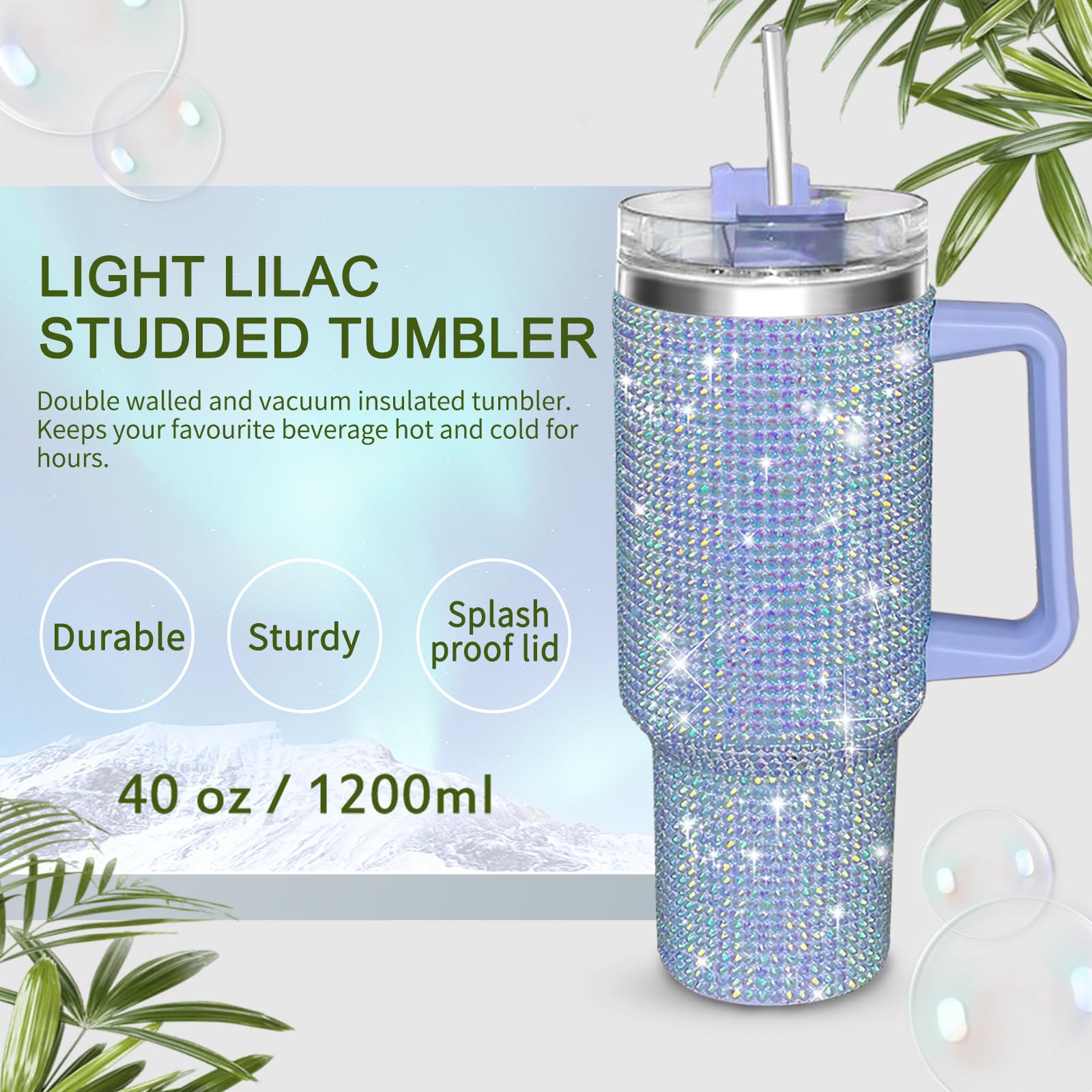 HWISDMIG 40oz Tumbler with Handle-Glitter Rhinestones Tumbler Bling Cups Stainless Steel Water Bottle Diamond Studded Tumbler for Women-Birthday Gifts for Women, Mom, Girlfriend (Amethyst)