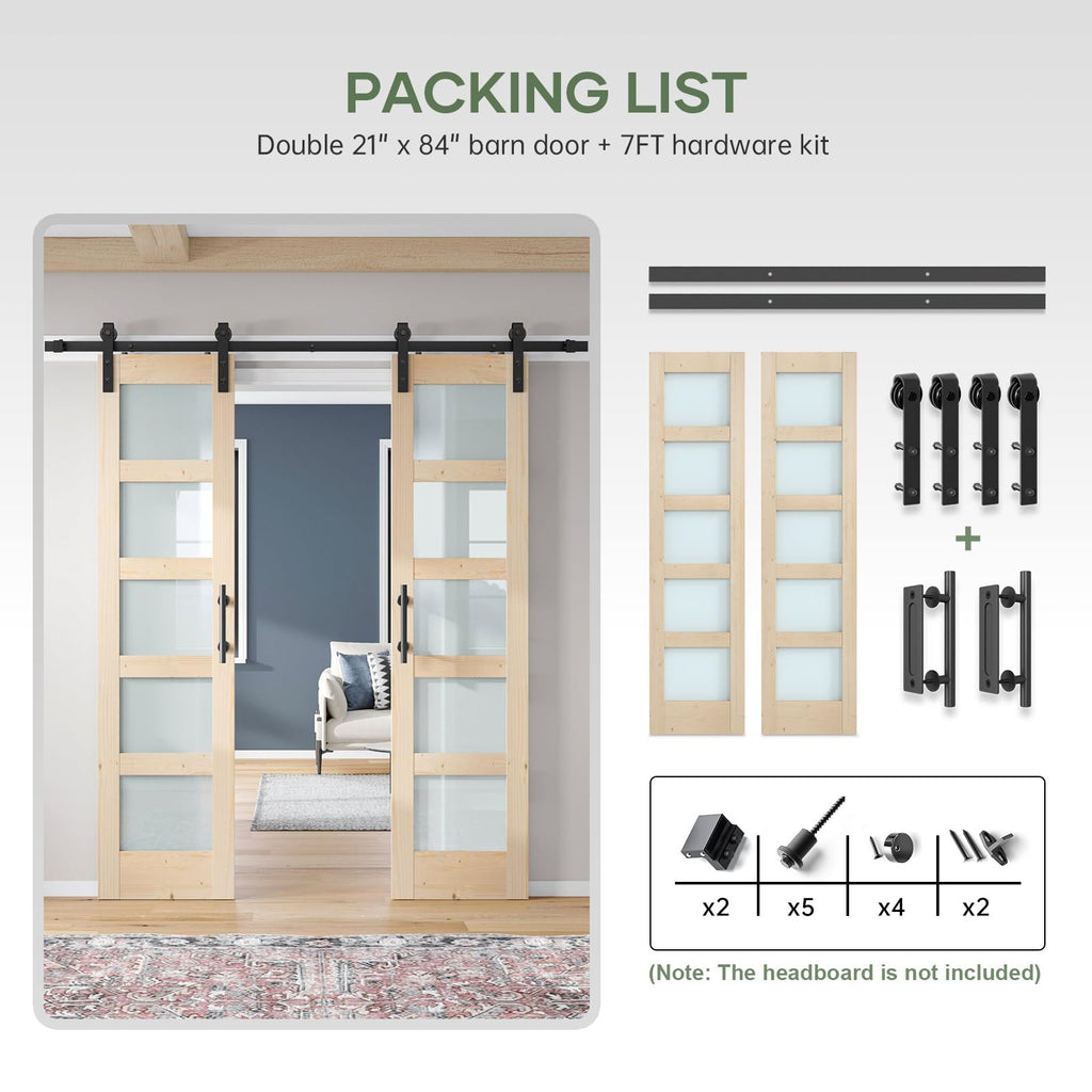 Double 18×84 inch Glass Sliding Barn Door Slab with 6.6ft Hardware Kit Included, 5-Panel Frosted Glass, Spruce Wood Support DIY Dyeing, Easy Assembly