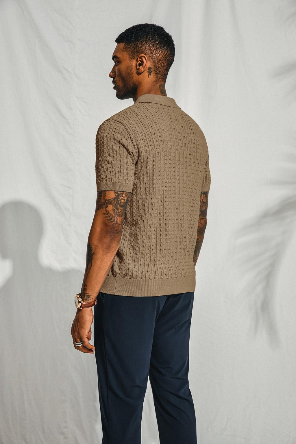 PJ PAUL JONES Mens Knit Polo Shirt Short Sleeve Hollow Out Knit Shirt Texture Knitted Polo