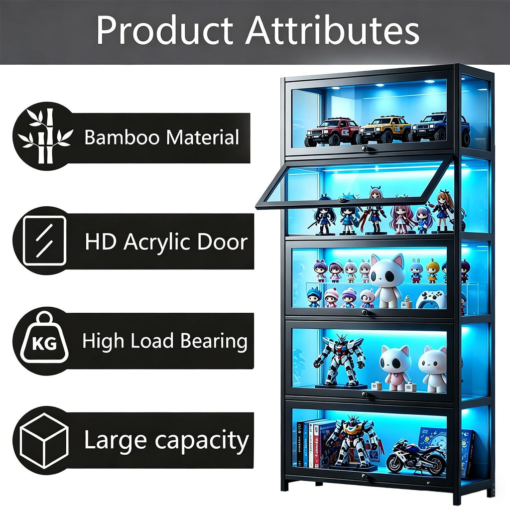 Display Cabinet with Acrylic Glass Door, 5 Tier Curio Display Case, Collectibles Toy Organizers Rack & Display Shelf, Kids Bookcase for Bedroom, Reading Nook, living Room, Bamboo (Black -flip Door)