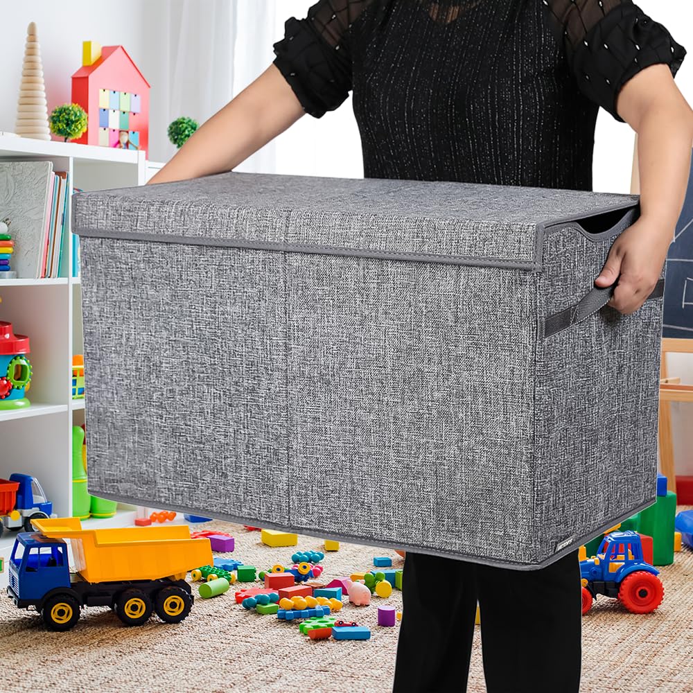 YOLOXO Toy Box Chest, Collapsible Sturdy Storage Bins with Lids, Extra Large Kids Toy Storage Organizer Boxes Bins Baskets for Kids, Boys, Girls, Nursery Room, Playroom, Closet (BLACK)