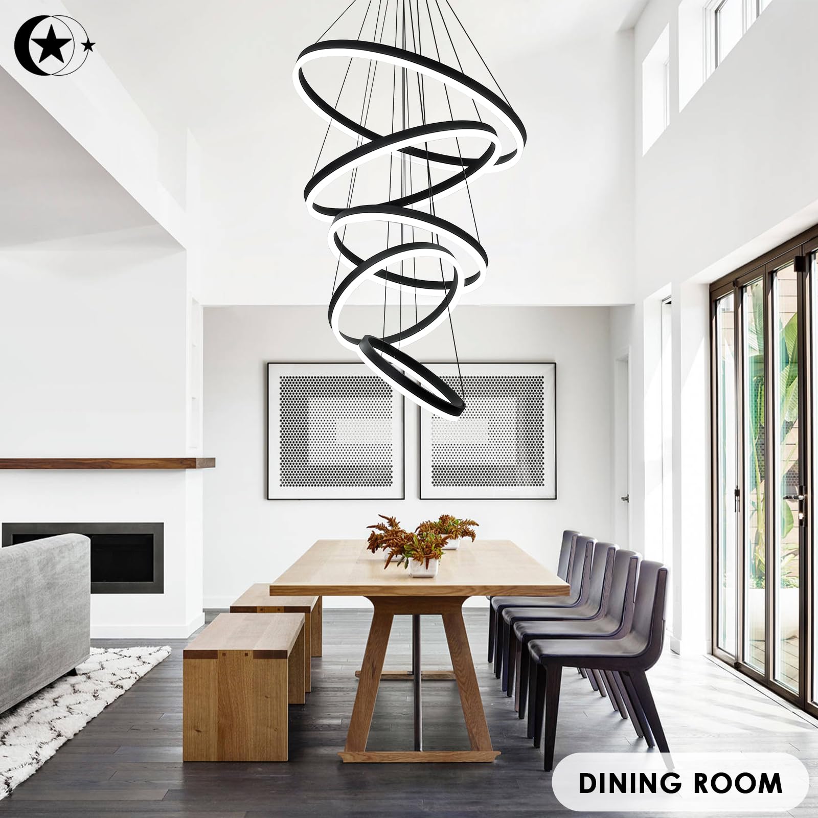 5-Rings Modern LED Chandelier Black Dimmable High Ceiling Chandelier for Dining Room with Remote Control for Foyer Living Room Entryway Staircase(D23.6’’, 3000K-6500K)