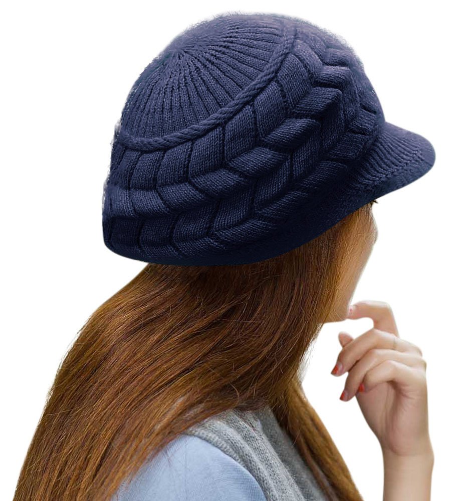 Women Winter Warm Knit Hat Wool Snow Ski Caps with Visor