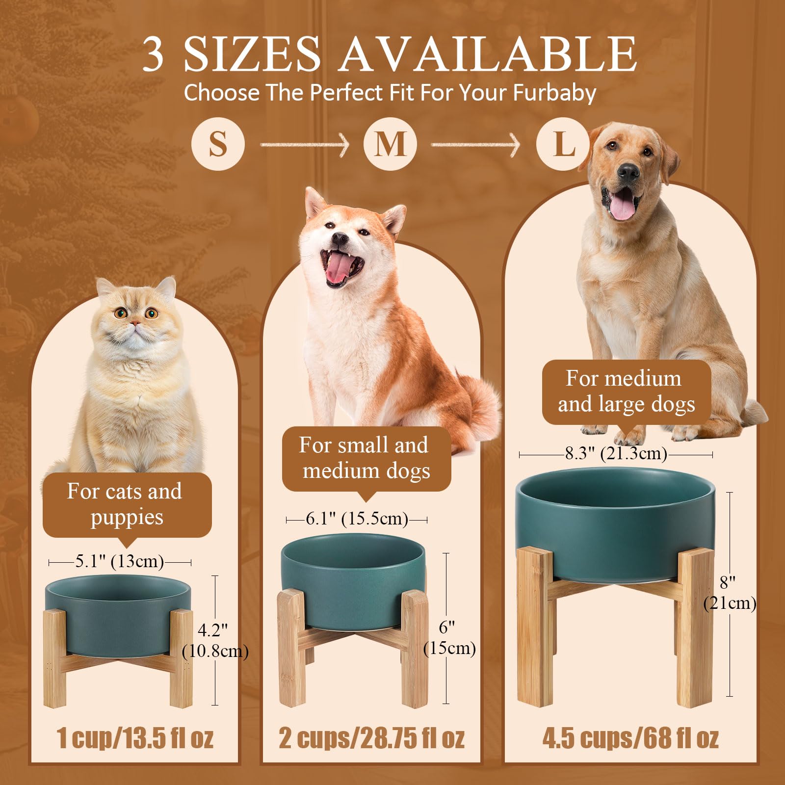 Raised Ceramic Cat Bowl - Cat Food Bowl with Bamboo Stand - Elevated Dog Food Dish for Puppies - Comfort Eating - 13.5 oz - 400 ml - Green