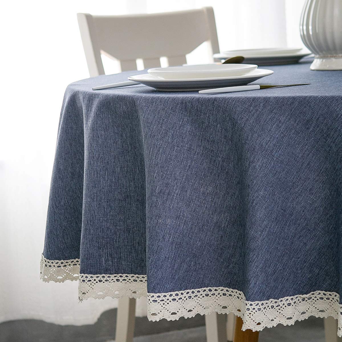 EHouseHome Faux Linen Tablecloth with Lace Trim - Waterproof/Spill Proof/Stain Resistant/Wrinkle Free/Oil Proof - for Banquet, Parties,Dinner,Kitchen,Wedding,Holiday,Blue Fog,Square 52X52Inch