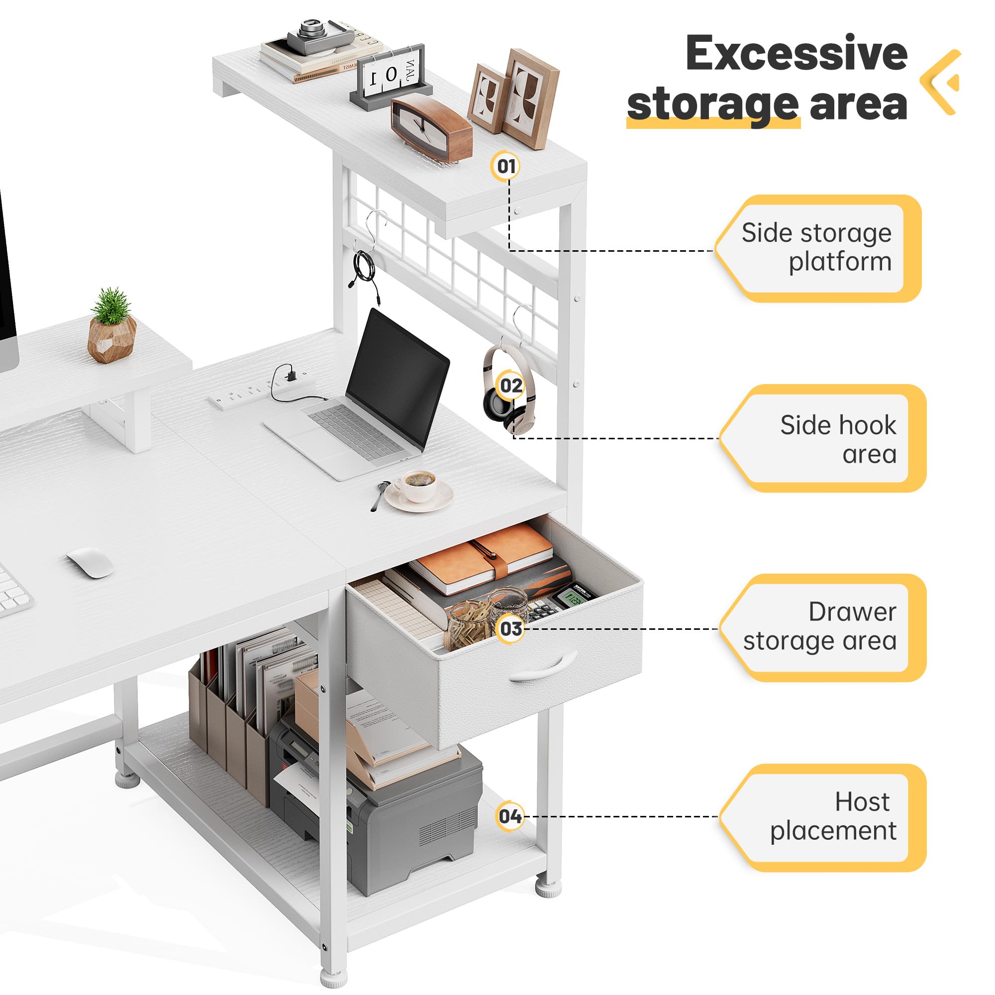 EnHomee 40" Gaming Desk with Power Outlets & LED Lights, Computer Desk with Drawer & Storage Shelve, Home Office Desk with Monitor Stand for Living Room, Study Room, Gaming Room, Black