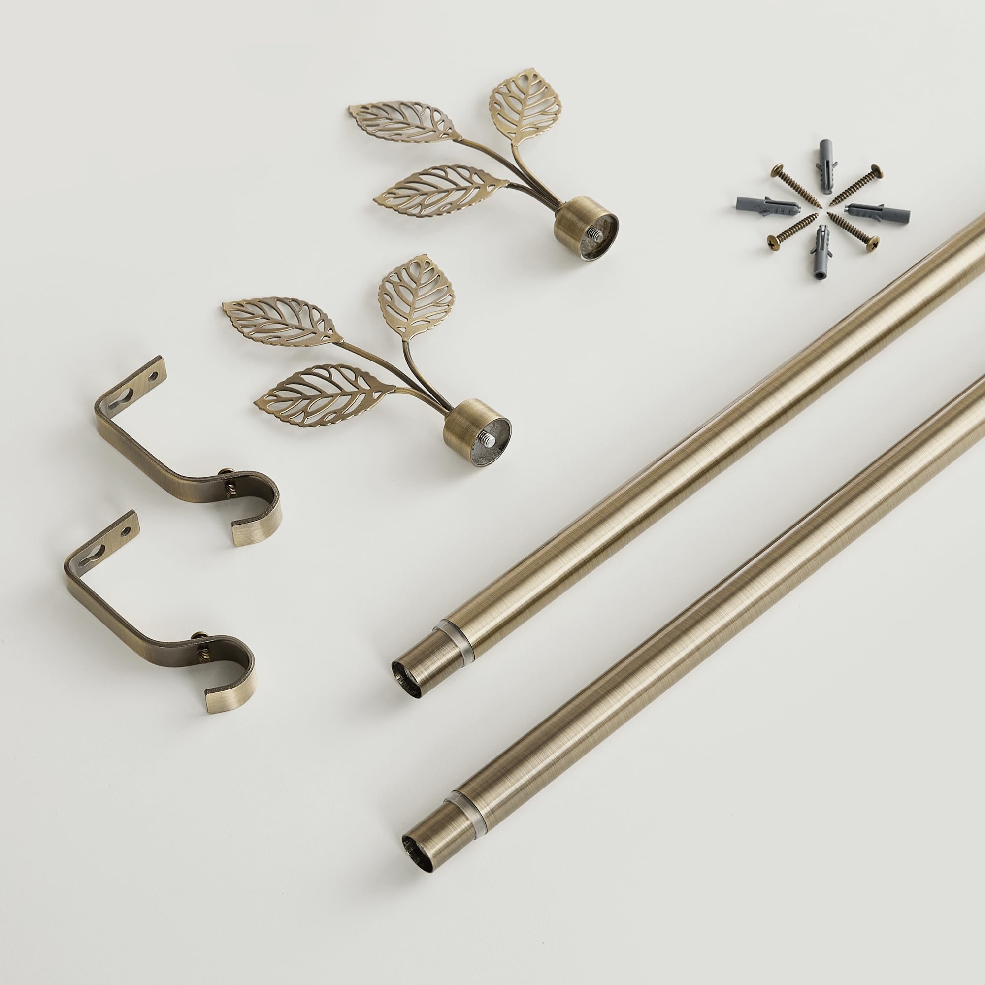 RYB HOME Small Curtain Rod 28 to 48 Inch Adjustable Telescoping Blackout Decorative Drape Rod with Leaf Finial for Cafe Kitchen Kids Bedroom Bathroom Shower Living, Antique Brass, 1 Inch Diameter