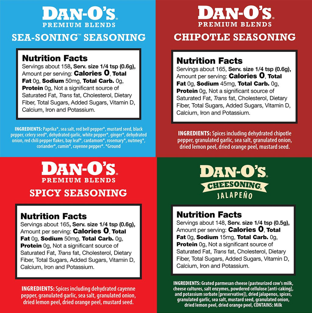 Dan-O's Cheesoning Block Seasoning Set, Small Bottles, 4 Pack, Includes Ranch Cheesoning, Red Pepper Cheesoning, Cheesoning, and Jalapeño Cheesoning Seasonings, Sugar Free, Zero Calorie, Use this Seasoning Kit in Pasta, Toppings or Sauce