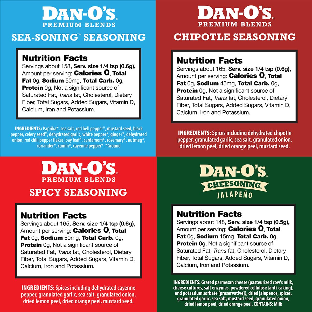Dan-O's Cheesoning Block Seasoning Set, Small Bottles, 4 Pack, Includes Ranch Cheesoning, Red Pepper Cheesoning, Cheesoning, and Jalapeño Cheesoning Seasonings, Sugar Free, Zero Calorie, Use this Seasoning Kit in Pasta, Toppings or Sauce