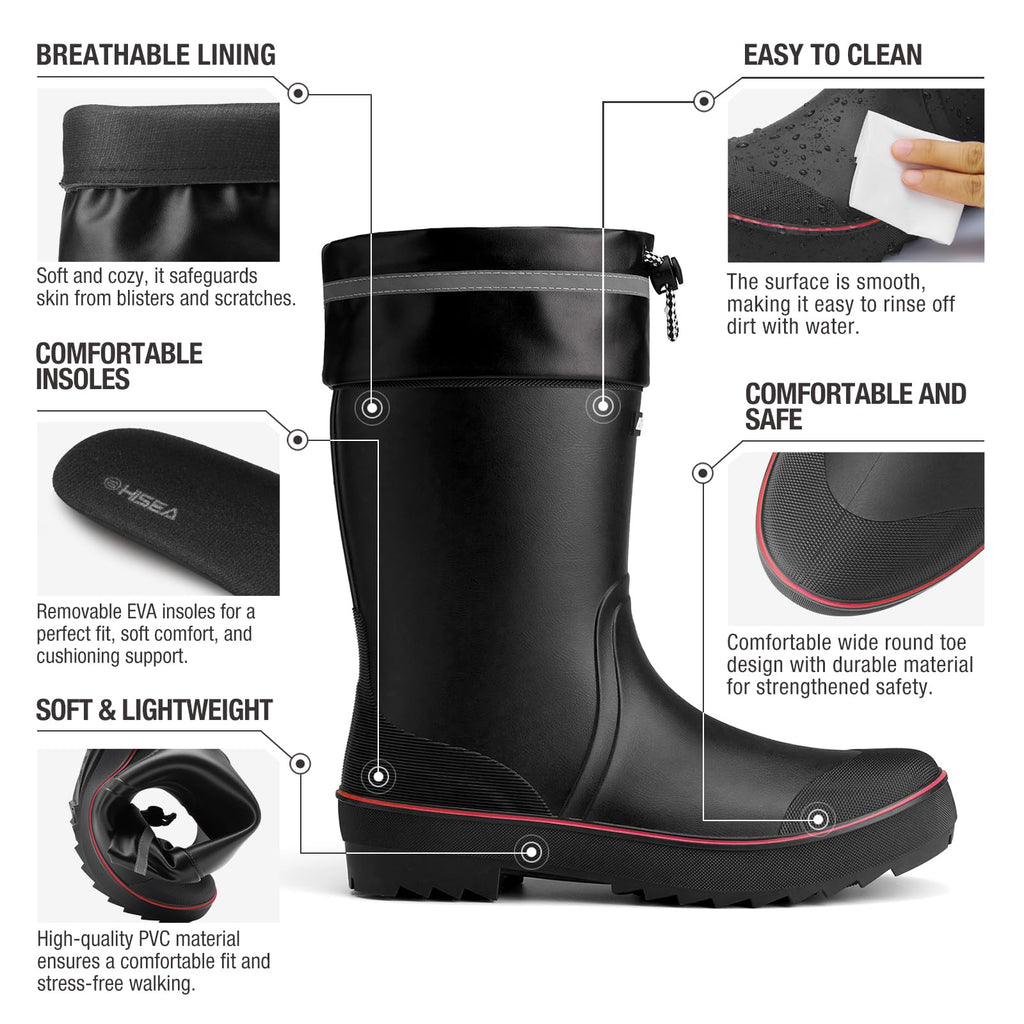HISEA Men's Rain Boots Waterproof PVC Rubber Mud Boots, Lightweight Comfort Mid-Calf Work Boots, Garden Shoes for Fishing, Farming, Walking Dogs