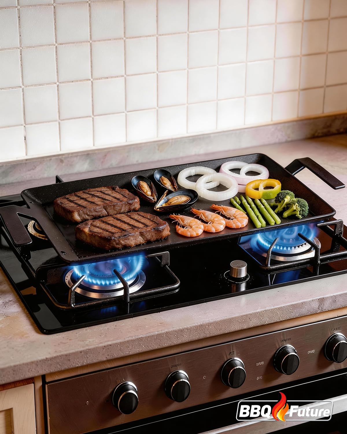Carbon Steel Griddle for Gas Grill, Double Burner Griddle Compatible with Induction, Stove Top, Electric, Oven - 17" x 10" Professional Cookware for Cooktop, NonStick Griddle Pan