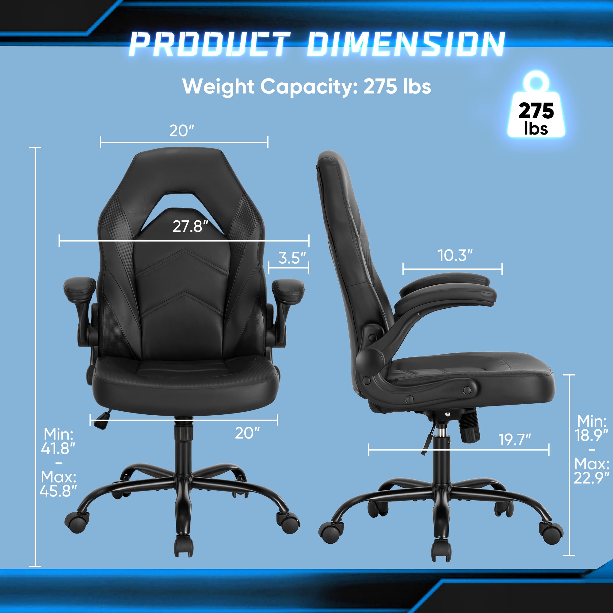 OLIXIS Computer Gaming Desk Chair - Ergonomic Video Game with Comfy Lumbar Support and headrest, PU Leather with Flip-up Arms, Adjustable Height and Swivel Wheels, for Adults, Black