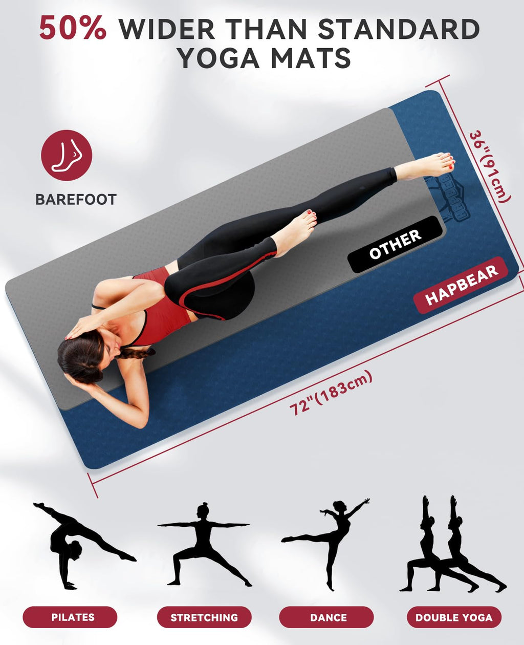 HAPBEAR Large Yoga Mat - 72"x36"x6mm (1/4 inch), Extra Wide Non-Slip Exercise Mat for Home Workout, Yoga, Pilates & Stretching, Durable, Includes Carry Bag