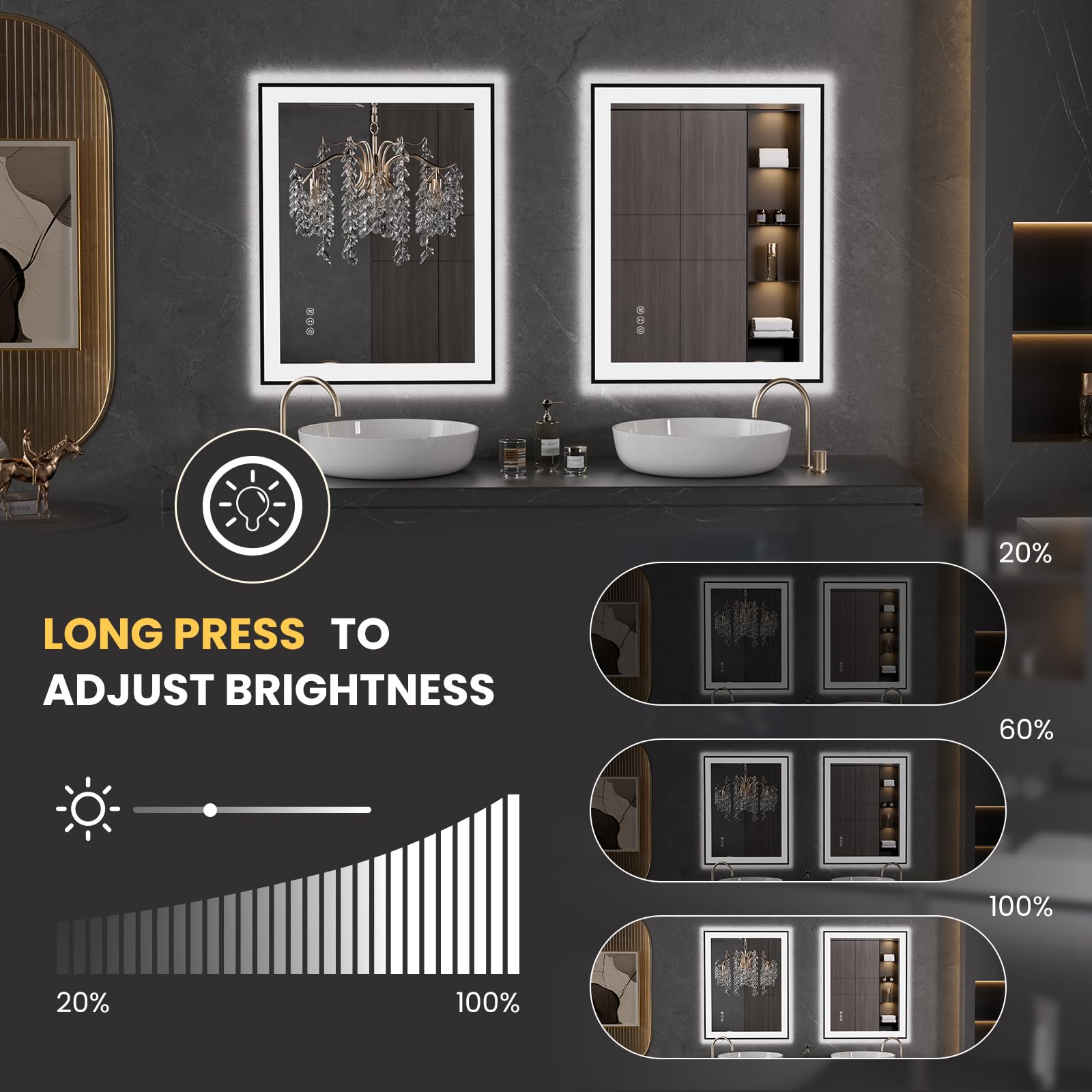 LOAAO 20"X28" LED Bathroom Mirror Black Framed | Anti-Fog, Dimmable, Memory Function, Tempered Glass, Lighted Vanity Mirror for Wall