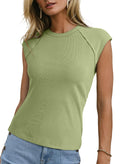 Sidefeel Womens Tops Casual Crewneck Cap Sleeve Tops Ribbed Raw Hem Summer T Shirts Slim Fit Basic Tees Blouses