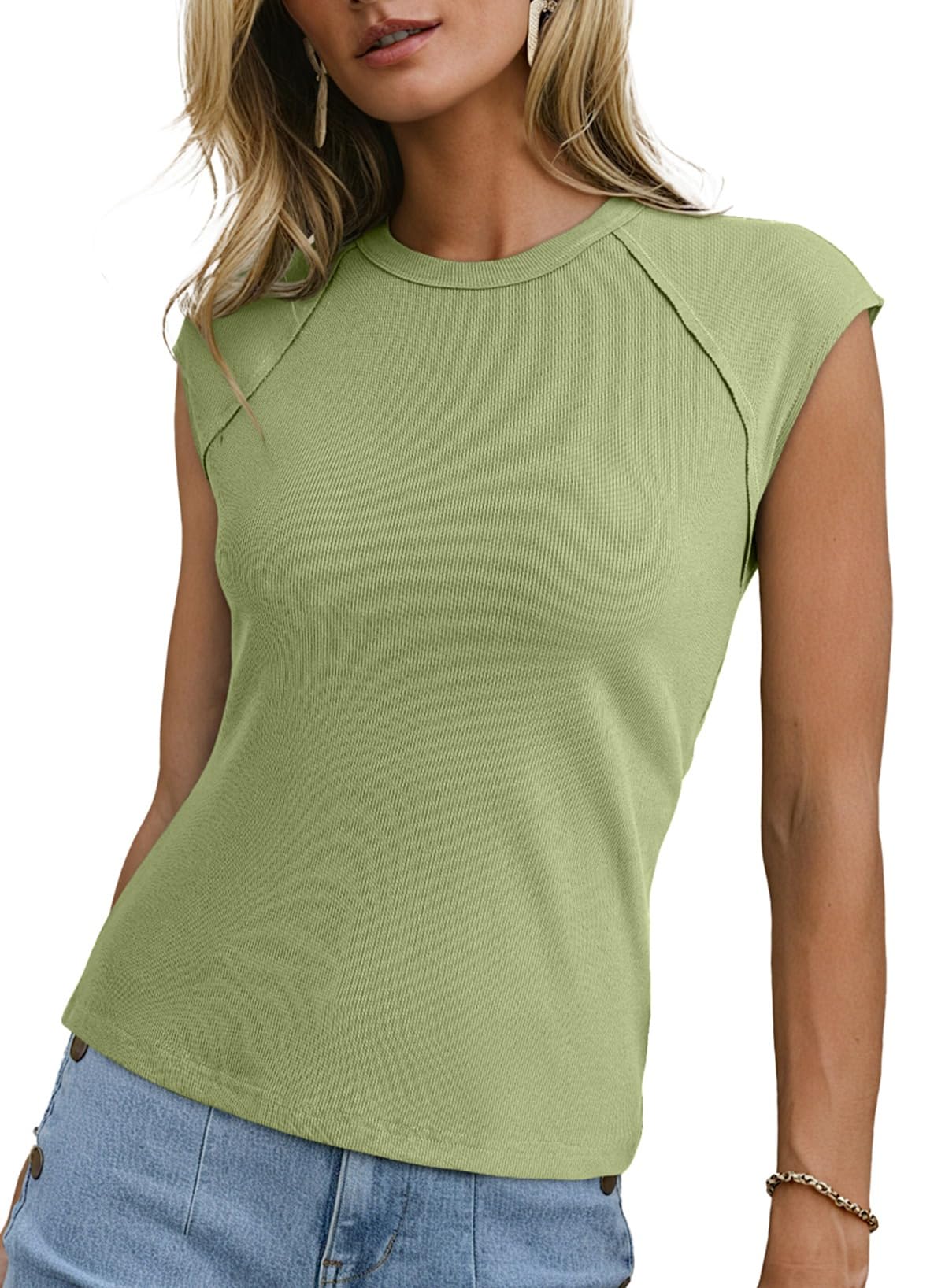 Sidefeel Womens Tops Casual Crewneck Cap Sleeve Tops Ribbed Raw Hem Summer T Shirts Slim Fit Basic Tees Blouses