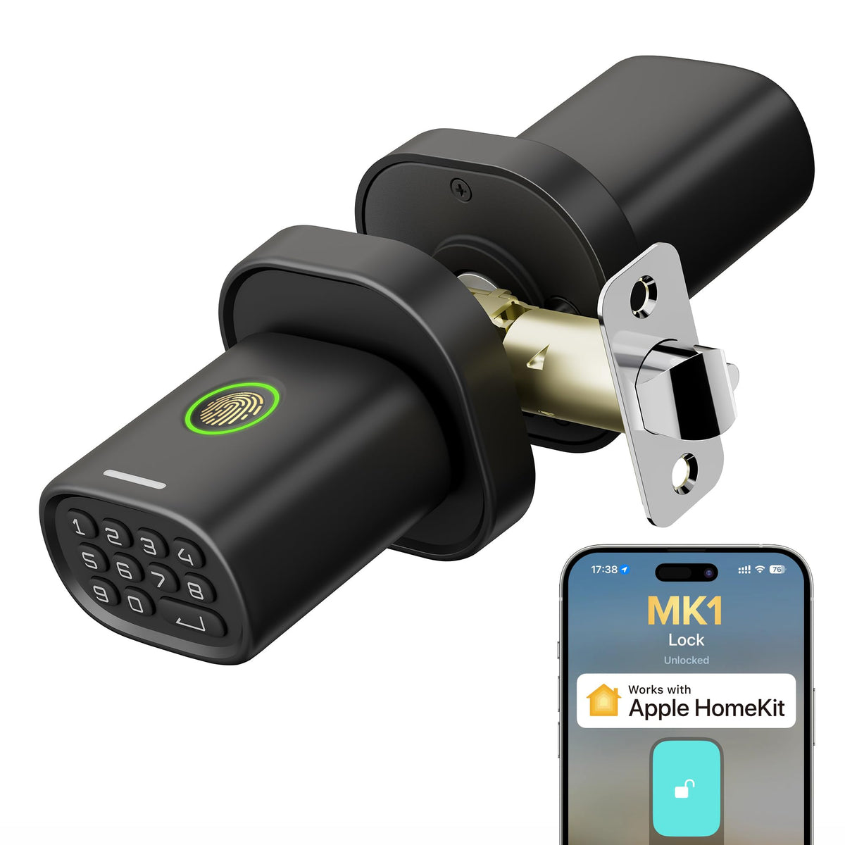 ThorBolt Fingerprint Door Lock with Keypad Door Knob, HomeKit Lock Over 𝗧𝗛𝗥𝗘𝗔𝗗, HomeKit Hub 𝗥𝗲𝗾𝘂𝗶𝗿𝗲𝗱, 𝗶𝗢𝗦 𝗢𝗡𝗟𝗬 Smart Lock for Interior Door, Bedroom, Office, MK1 Black