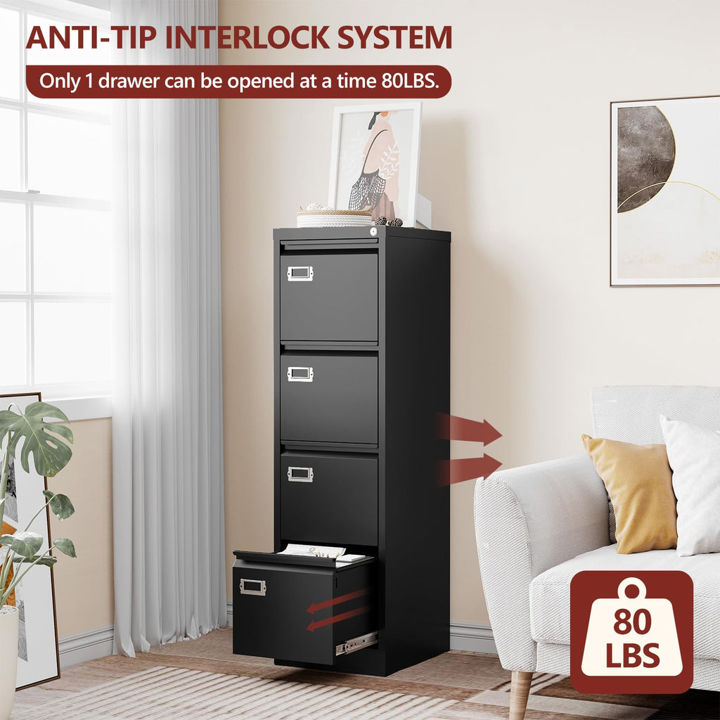 RAVIGIN 4 Drawer File Cabinet with Lock,Vertical Filing Cabinet for Home Office,Metal File Cabinets with Lock,Storage Files for A4/ Legal/Letter, Require Assembly, (Black)