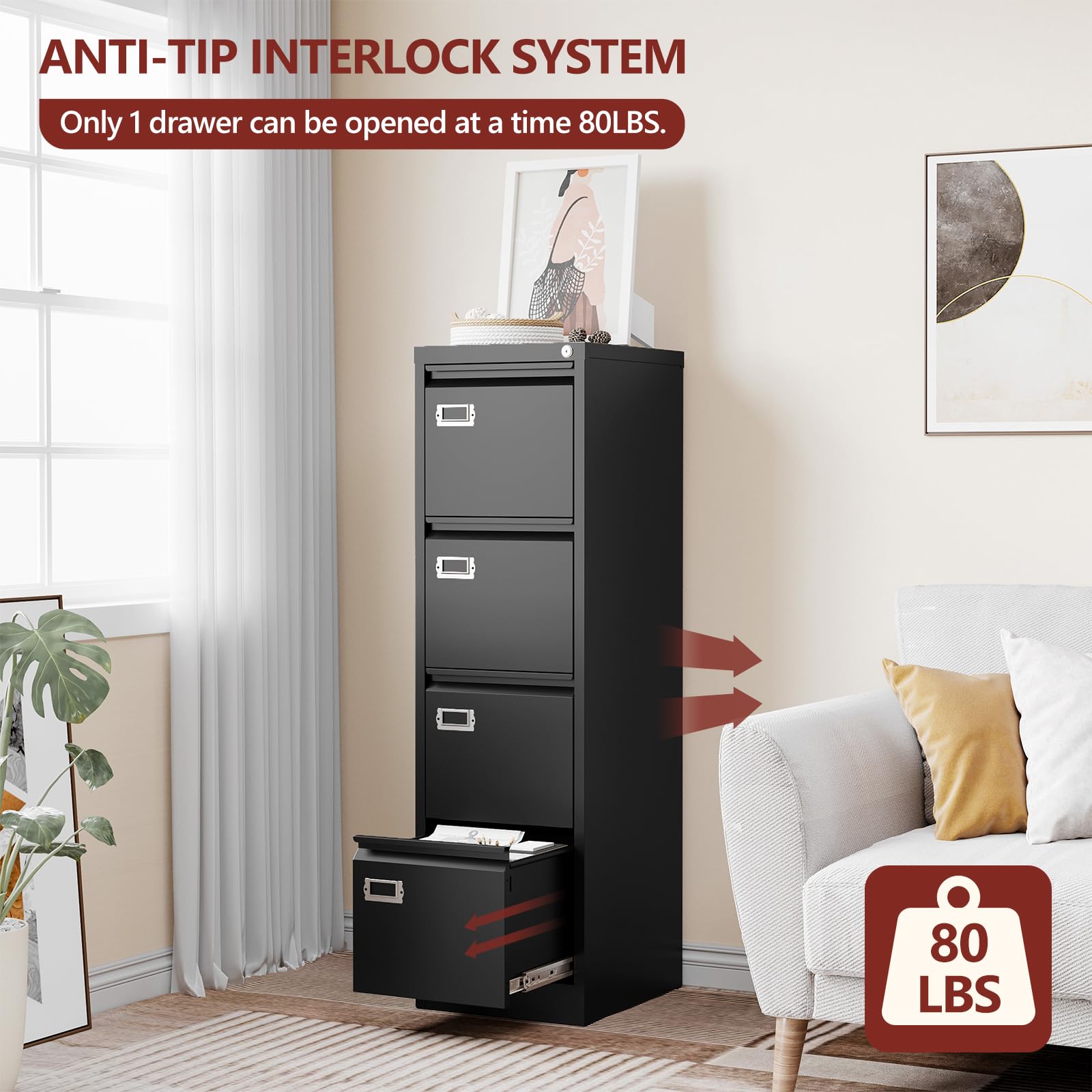RAVIGIN 4 Drawer File Cabinet with Lock,Vertical Filing Cabinet for Home Office,Metal File Cabinets with Lock,Storage Files for A4/ Legal/Letter, Require Assembly, (Black)