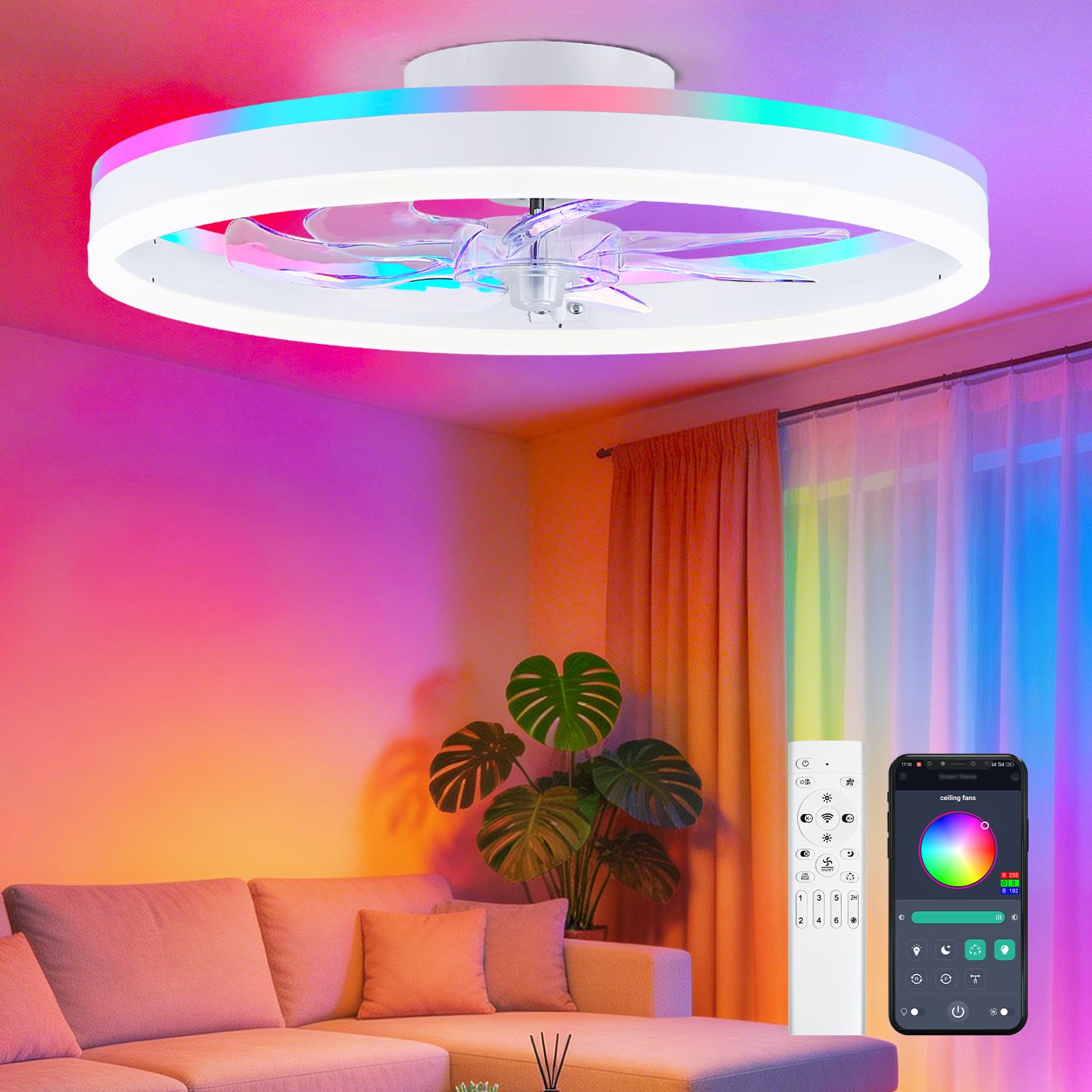 16 Inch RGB Low Profile Ceiling Fans with Lights, Modern Flush Mount Fandelier Chandelier Fixture, Remote & APP Control, Black LED Ceiling Fan Light for Bedroom, Living Room, Kitchen Indoor