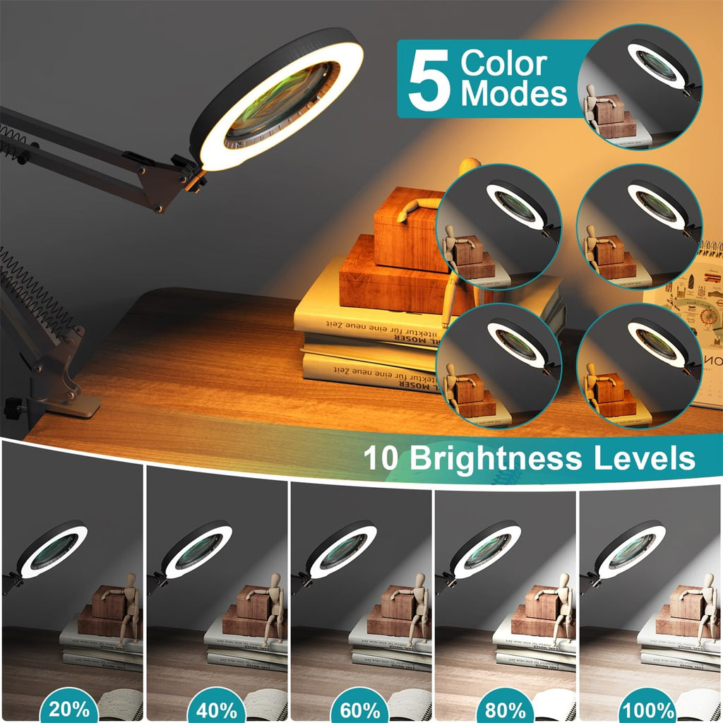 12X Magnifying Glass with Light and Stand, Real Glass, 5 Color Modes, Brightness Stepless Dimmable Lighted Magnifier Hands Free, 2-in-1 Desk Lamp & Clamp Light, Magnifier Lamp for Close Work, Reading