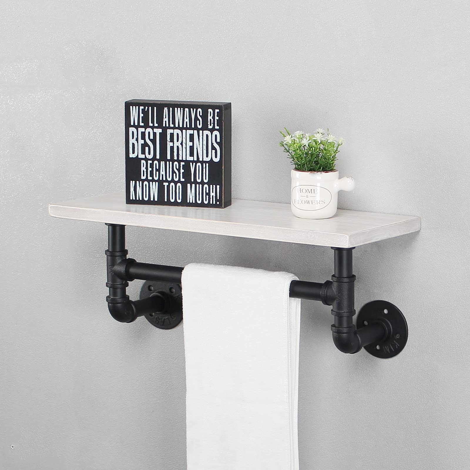 MBQQ Industrial Pipe Shelf Bathroom Shelves Wall Mounted,19.6in Rustic Wood Shelf with Towel Bar,1 Tier Farmhouse Towel Rack,Pipe Shelving Floating Shelves Towel Holder,Black & White